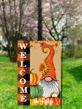 Customizable Welcome Garden Flag - Fall Design with Family Name and Gnome - 12x18 Inches