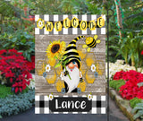 Customized Welcome Garden Flag  Personalized Family Name 12x18  Honey Bee  Gnome Design  Summer Decor